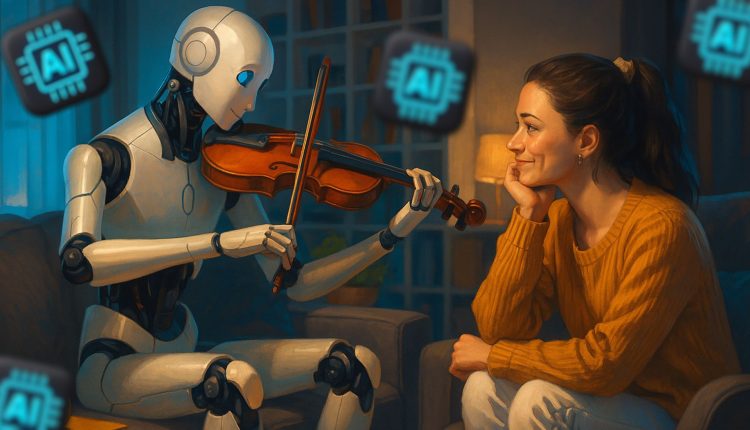 Ai robot playing music to woman in living room.jpg