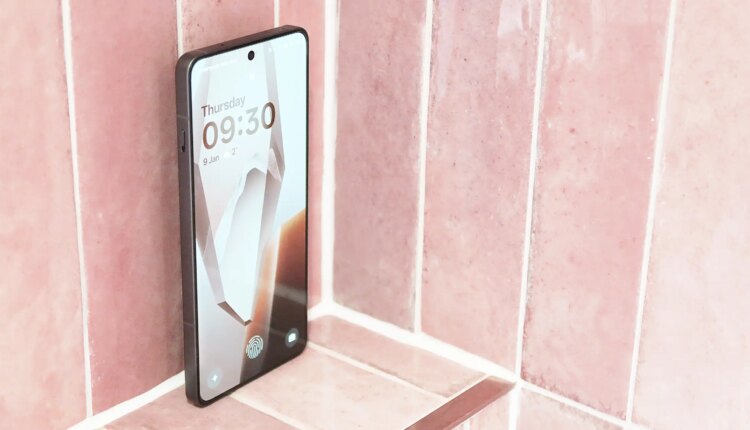 Oneplus 13r review bathroom shelf angled front 3.jpg