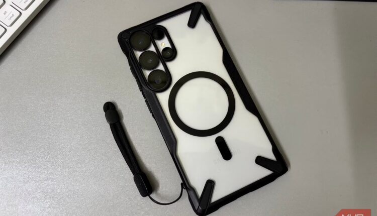 Sasmung s25 ultra placed on desk with protective case and finger strap.jpg