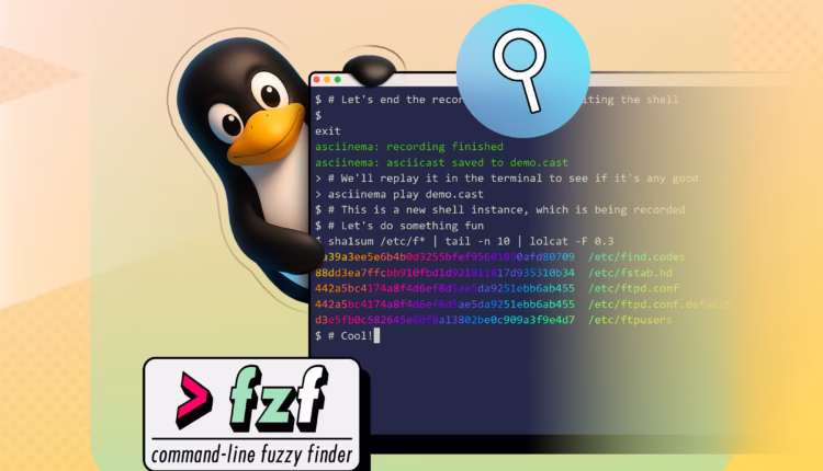 Illustration of the linux mascot peeking from behind a terminal window showing an asciinema recordin.avif