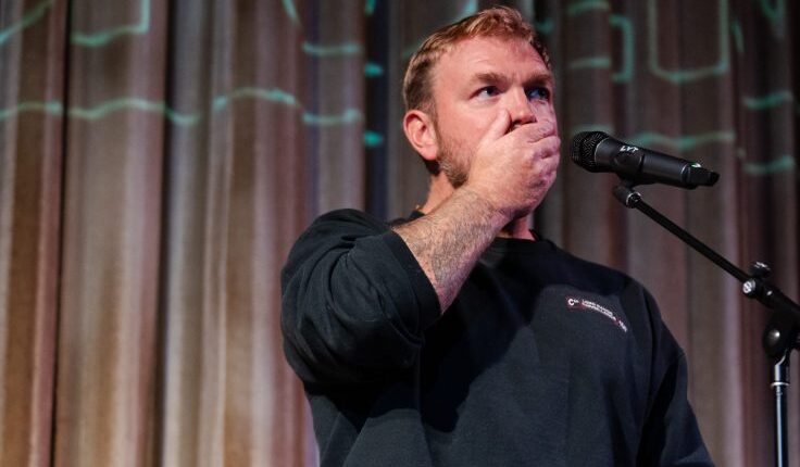 Maine senatorial candidate graham platner speaks to voters during town scaled e1761234739993.jpg