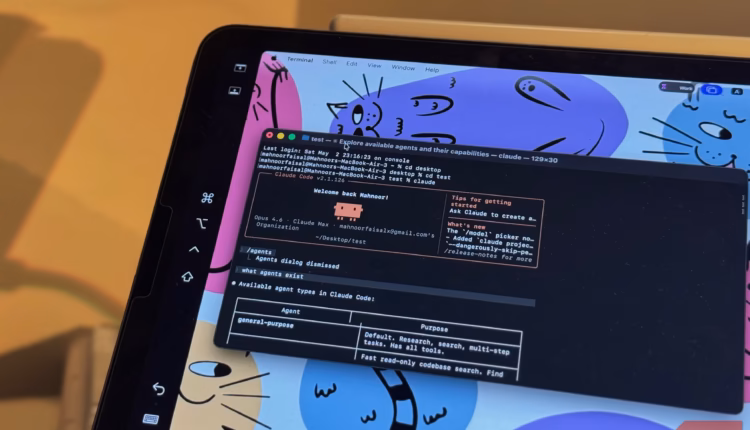 A dark terminal window displaying code and error messages overlaid on a colorful abstract illustrati.avif