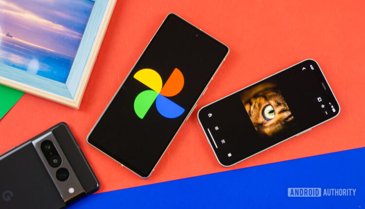 Gogole photos logo on smartphone next to other devices and picture frame Stock photo 3.jpg