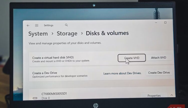 Windows 11 settings app showing the virtual hard disk option on a hp pavilion laptop.jpg